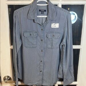 W95.    Chaps Striped Button-Up Shirt in Light Blue